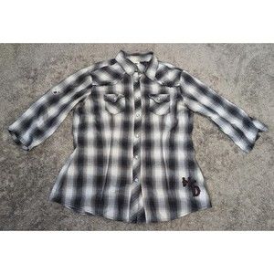 Harley Davidson Plaid Roll Tab Sleeve Embroidered Stitch Pearl Snap SZ S